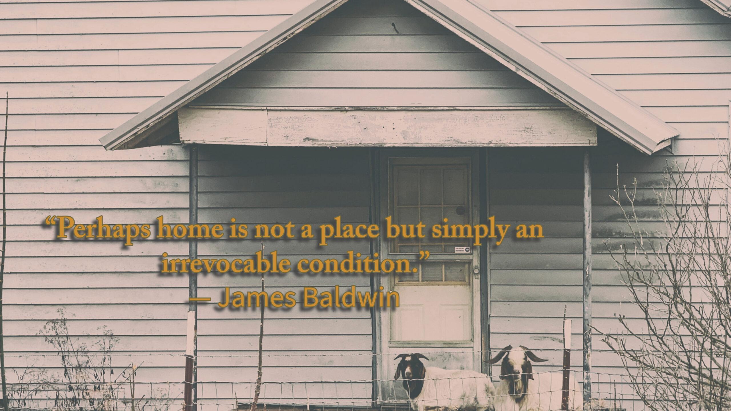 Two goats resting on the front porch of what appears to be an abandoned home, with the words showing: “Perhaps home is not a place but simply an irrevocable condition.” ― James Baldwin